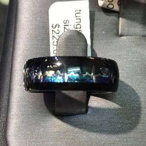 Mens Tungsten Ring Sz10.5 Black/Lab Created Opal Strip Unique Look New W Tags